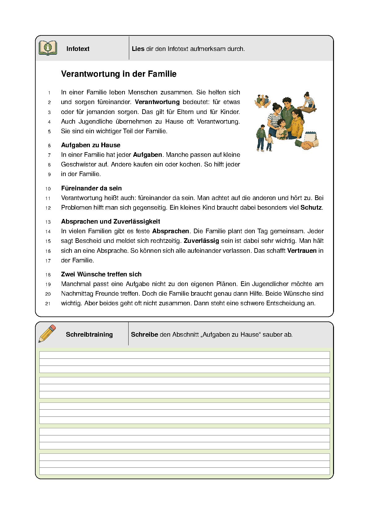 Heftseite 2: Infotext und Schreibtraining zu Verantwortung in der Familie