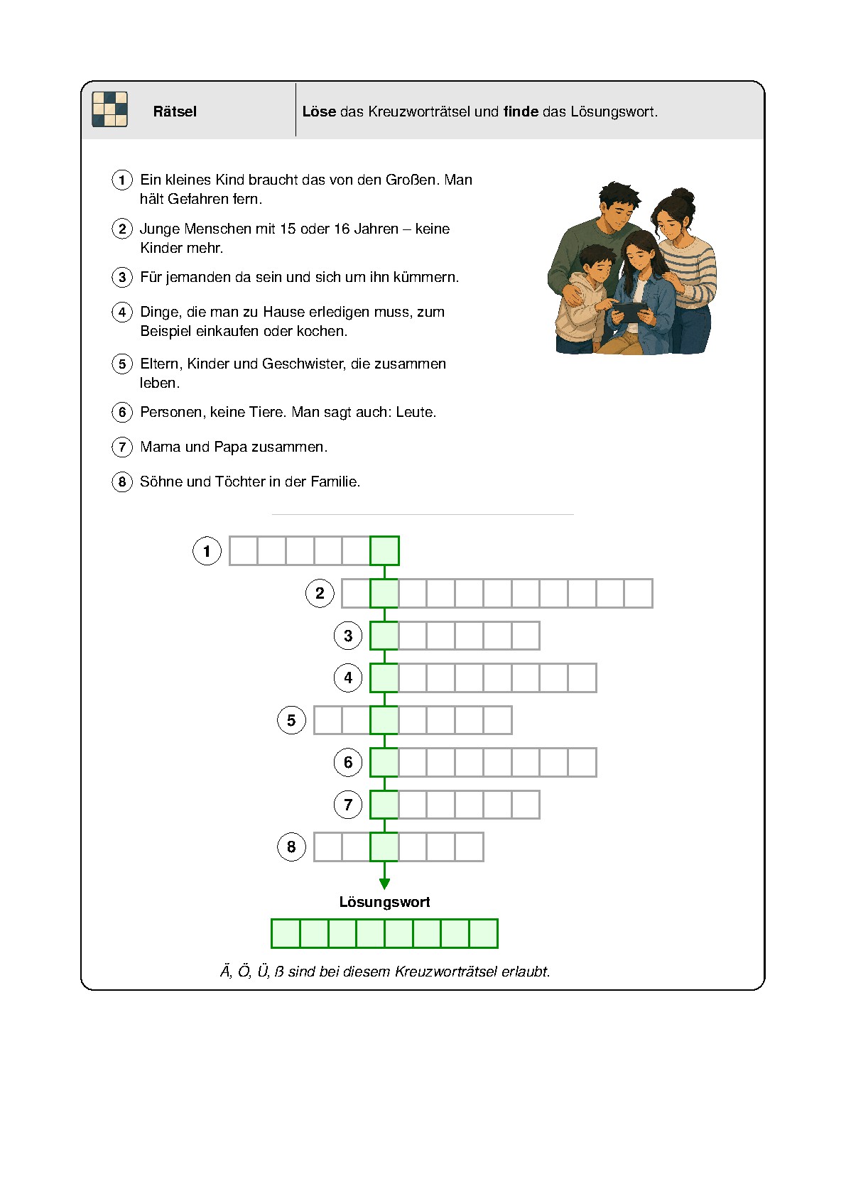 Heftseite 7: Kreuzworträtsel zu Verantwortung in der Familie